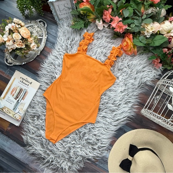 Heatherly Ribbed Orange Citrus Ruffle Strap Bodysuit Cottagecore Y2K XS Petite - Picture 3 of 9